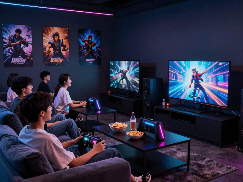 Play porn games in a lively gaming lounge with friends enjoying adult video games.