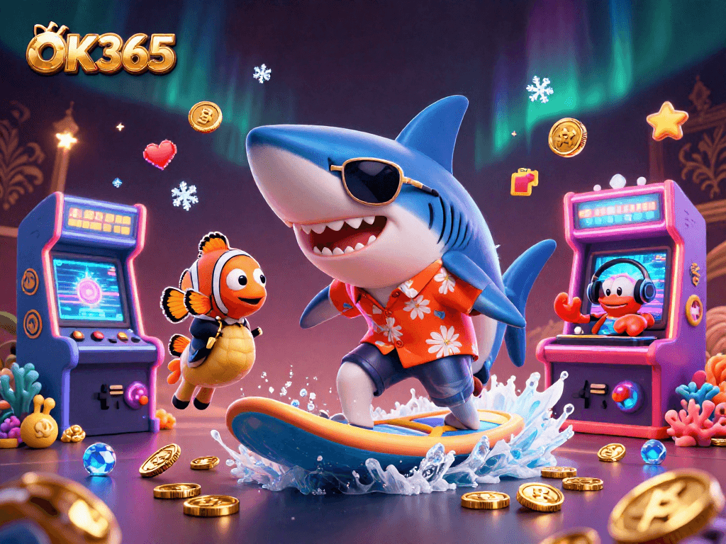 Collect your winnings with OK365 in this vibrant casino-themed illustration.