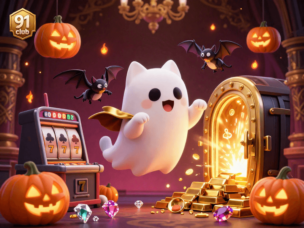 Engage with the thrilling 91 club scene featuring a playful ghost cat and vampire bat in a haunted casino, surrounded by sparkling treasures.
