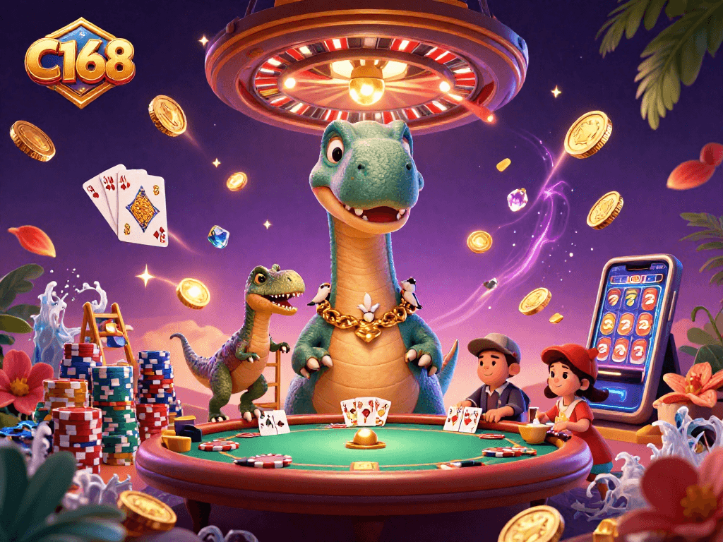 C168 players engage with a vibrant casino scene featuring cartoon dinosaurs and a poker table with cascading coins
