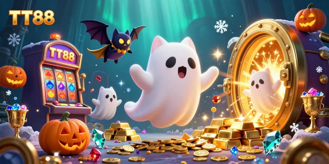 Experience the thrill of TT88 with a vibrant 3D casino scene featuring a friendly ghost cat and bat.