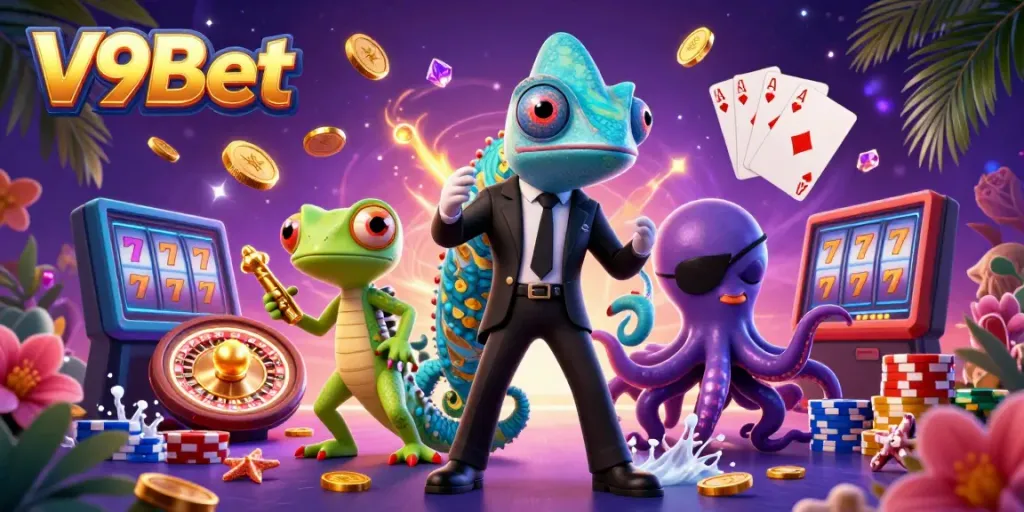 Experience V9Bet's thrilling casino adventures with vibrant 3D characters and game elements.