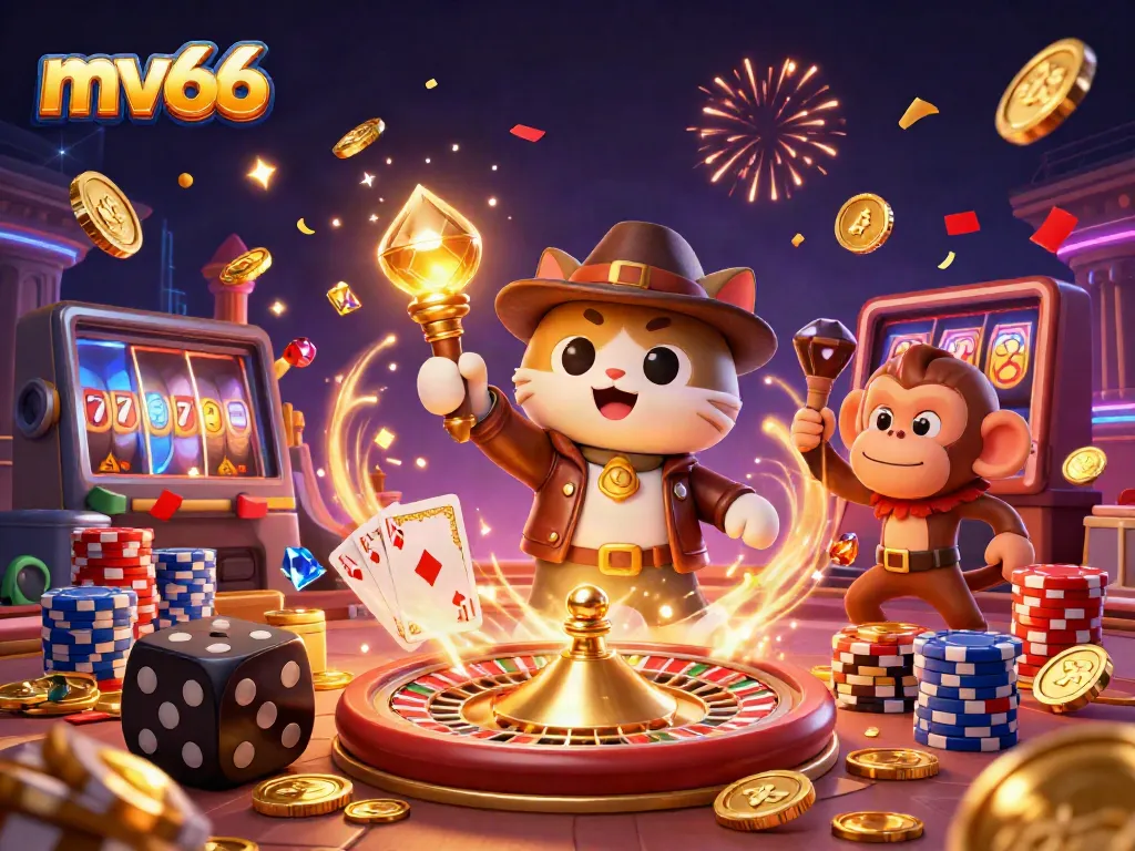 Win big with mv66 in this vibrant 3D scene featuring a casino explorer cat and golden treasures.