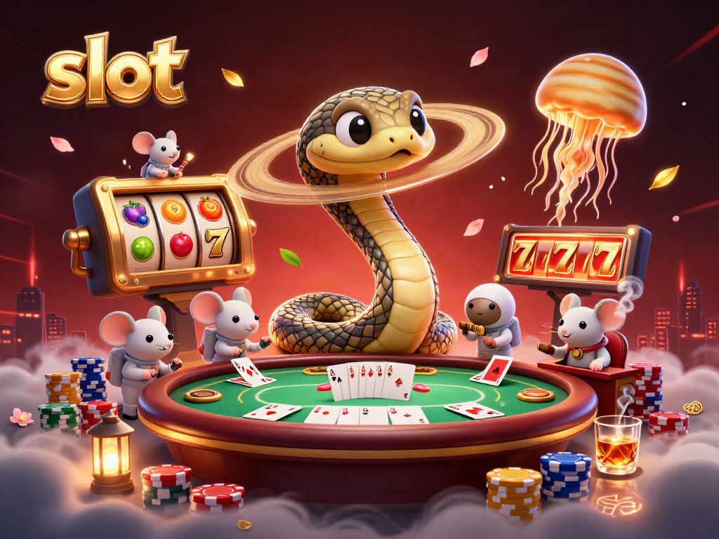 Spin the slot reels with vibrant fruit symbols and lucky 7s in this casino scene featuring playful characters.