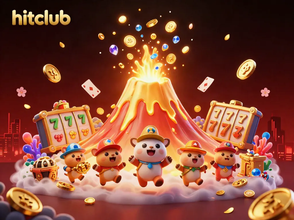 Experience the excitement at hitclub with a golden volcano erupting treasures amidst vibrant casino elements.