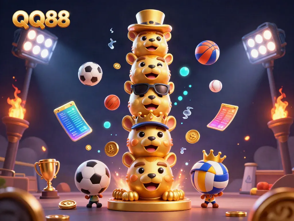 Experience thrilling gaming at QQ88 with a vibrant 3D cartoon casino illustration featuring dynamic sports action.