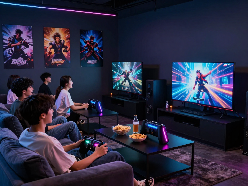 Play porn games in a lively gaming lounge with friends enjoying adult video games.