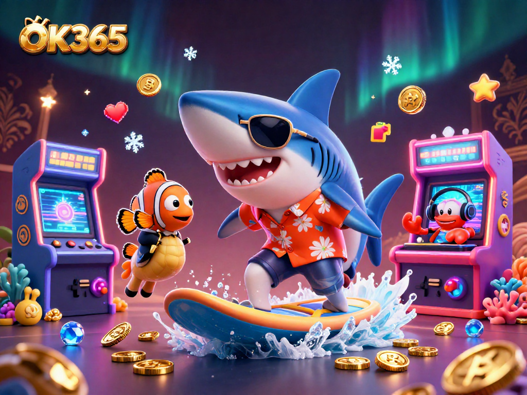 Collect your winnings with OK365 in this vibrant casino-themed illustration.