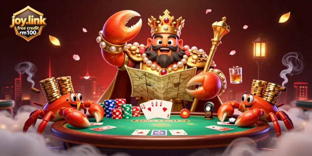 Win big with joy.link free credit rm100 at a vibrant casino scene featuring a crab emperor.