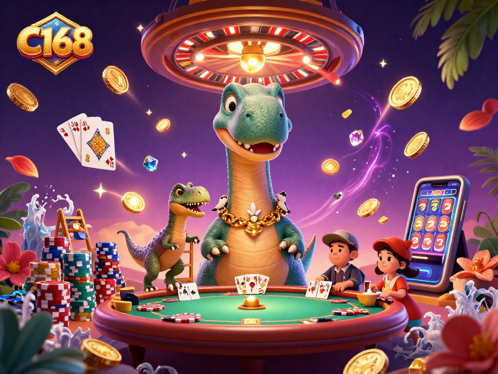 C168 players engage with a vibrant casino scene featuring cartoon dinosaurs and a poker table with cascading coins