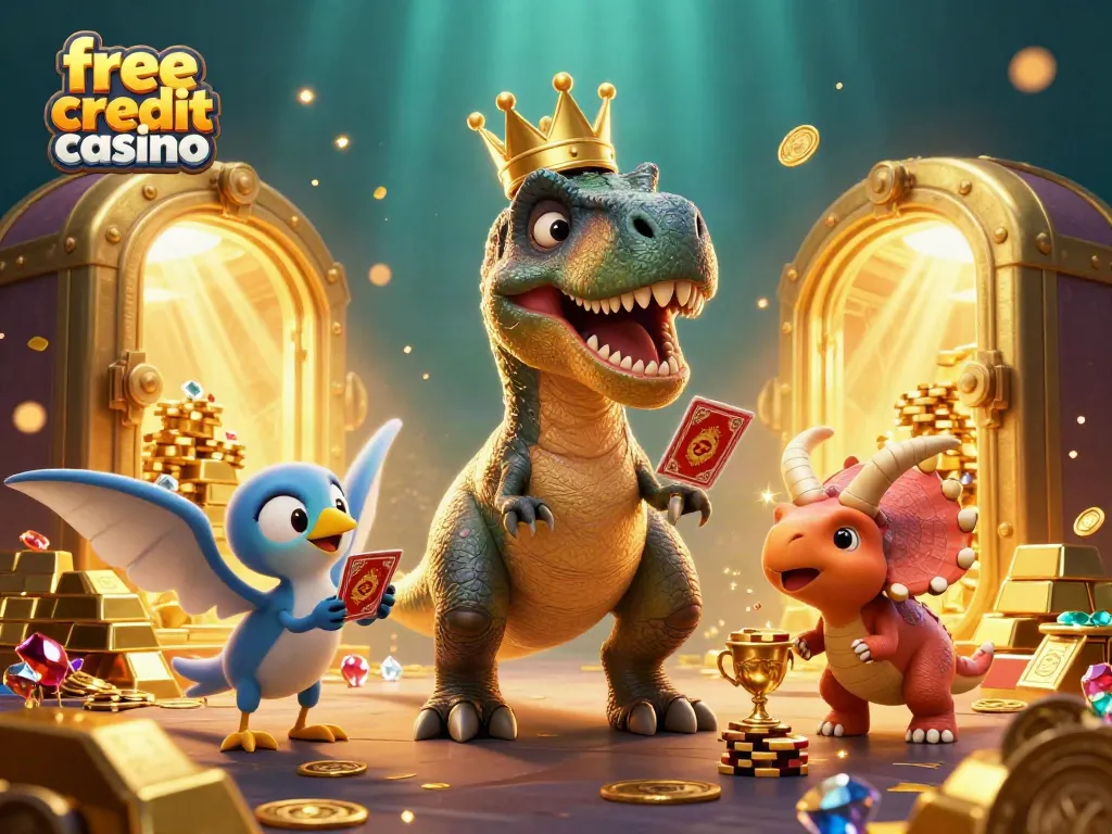 Experience the exciting world of free credit casino with vibrant cartoon dinosaurs shuffling cards and stacking chips.