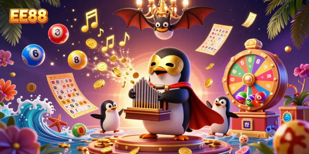 Spin and win at EE88 with a thrilling penguin playing a golden organ, surrounded by vibrant lottery elements.