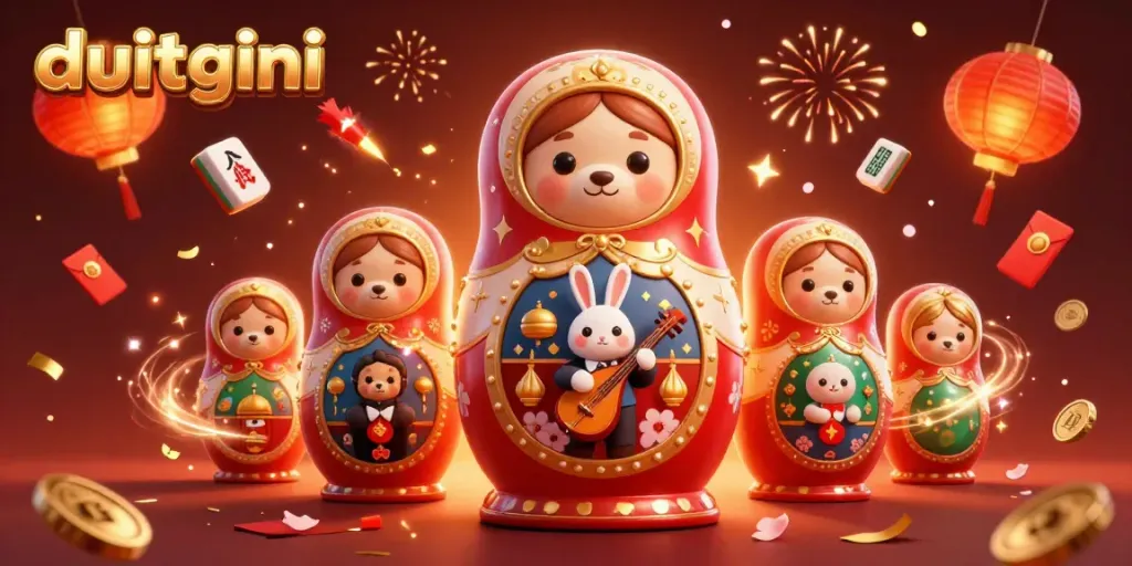 Duitgini features a vibrant celebration with unique characters and golden casino elements.