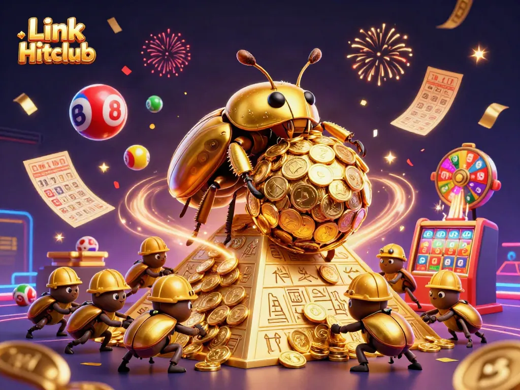 Engage with thrilling gameplay at Link Hitclub, featuring golden dung beetles amid dynamic casino elements.