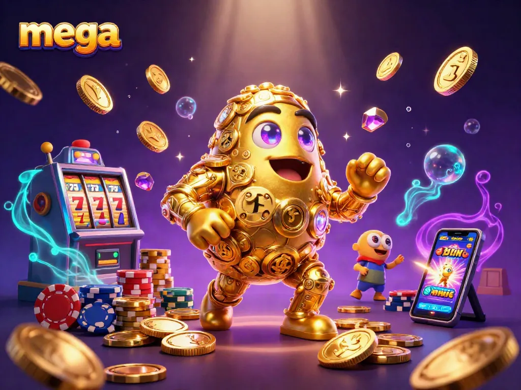 Cascade winnings with mega-themed slot reels and golden golem in a vibrant casino scene.