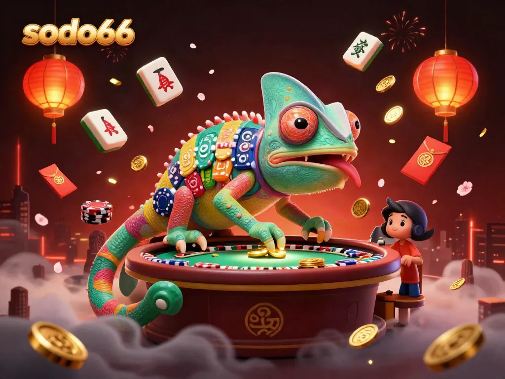 Experience the vibrant energy of sodo66 with a colorful chameleon and dynamic casino elements.