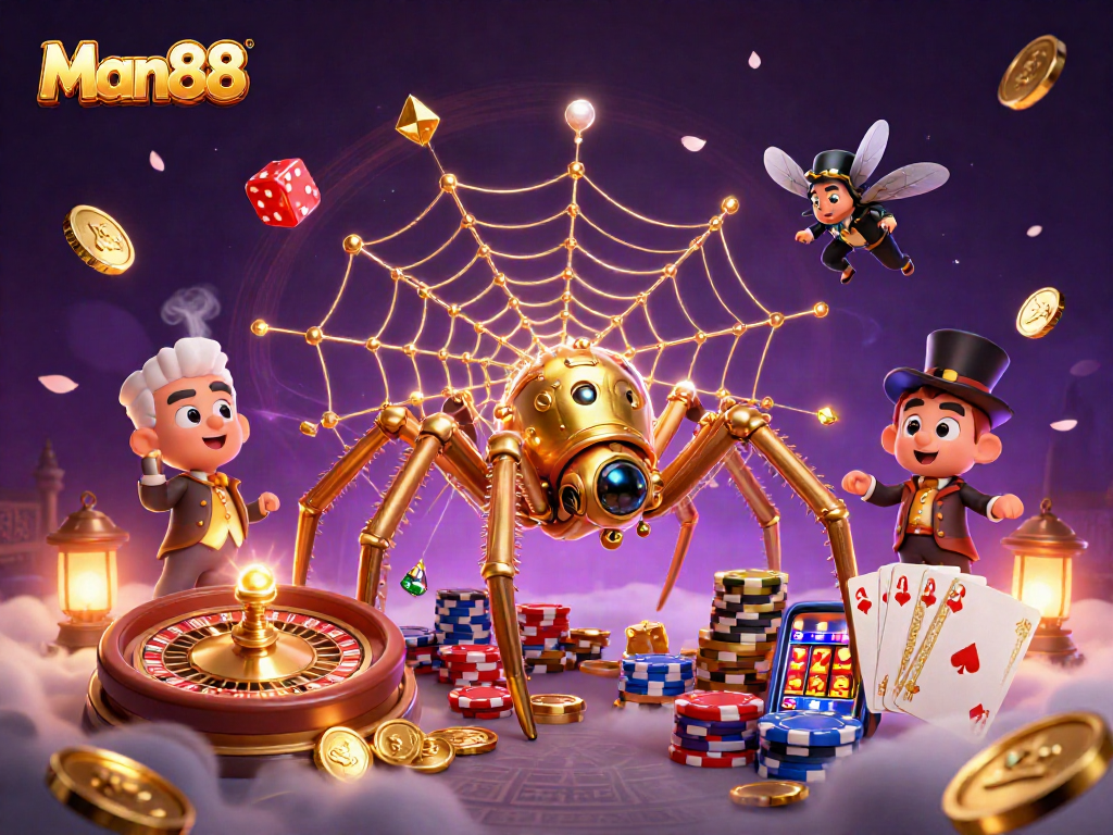Man88 offers a captivating scene with a golden spider and dice, symbolizing luck in gambling.
