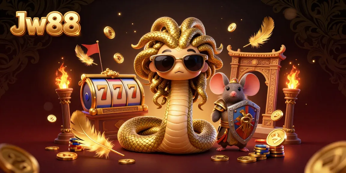 Experience Jw88’s vibrant casino scene with Medusa and a warrior mouse in action.