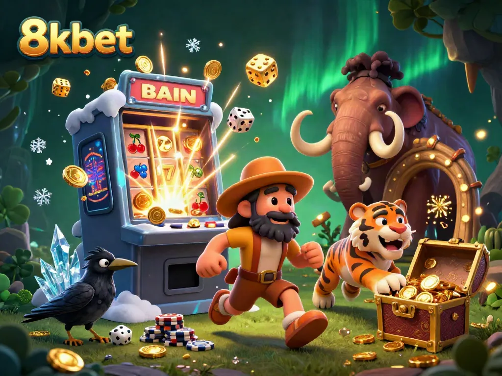 Experience the thrilling 8kbet casino atmosphere with the caveman and sabertooth duo in action, surrounded by vibrant gaming elements and golden jackpots.