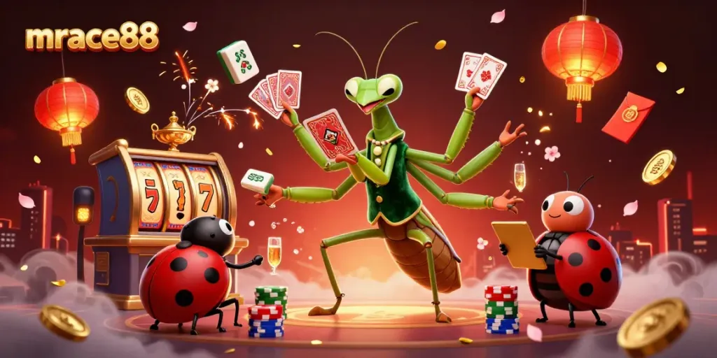 Win big at mrace88 with a vibrant casino scene featuring playful characters and elements.
