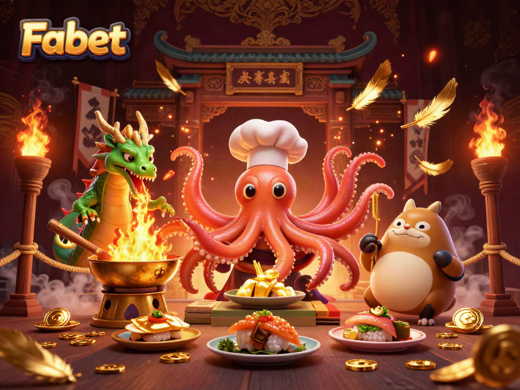 Experience Fabet's thrilling atmosphere with a vibrant casino scene featuring an octopus chef and dragon companion.