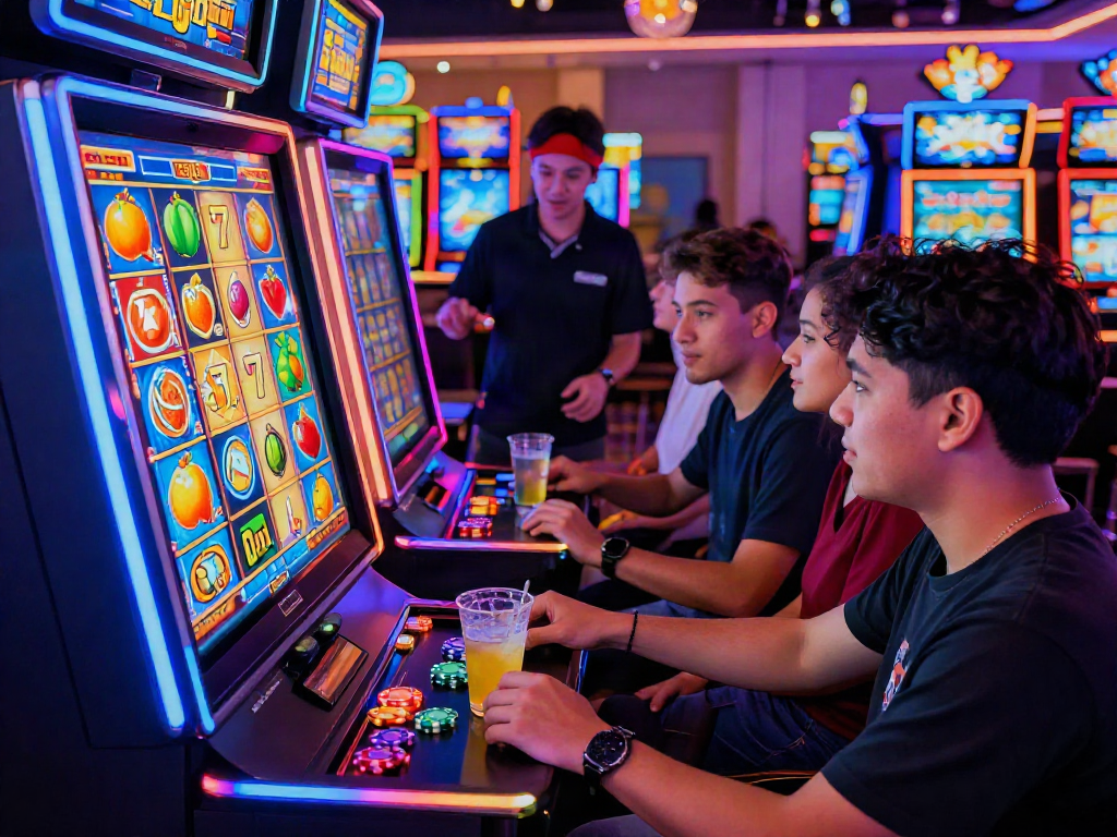 Exciting casino scene showcasing slot gacor malam ini with vibrant players and colorful machines.