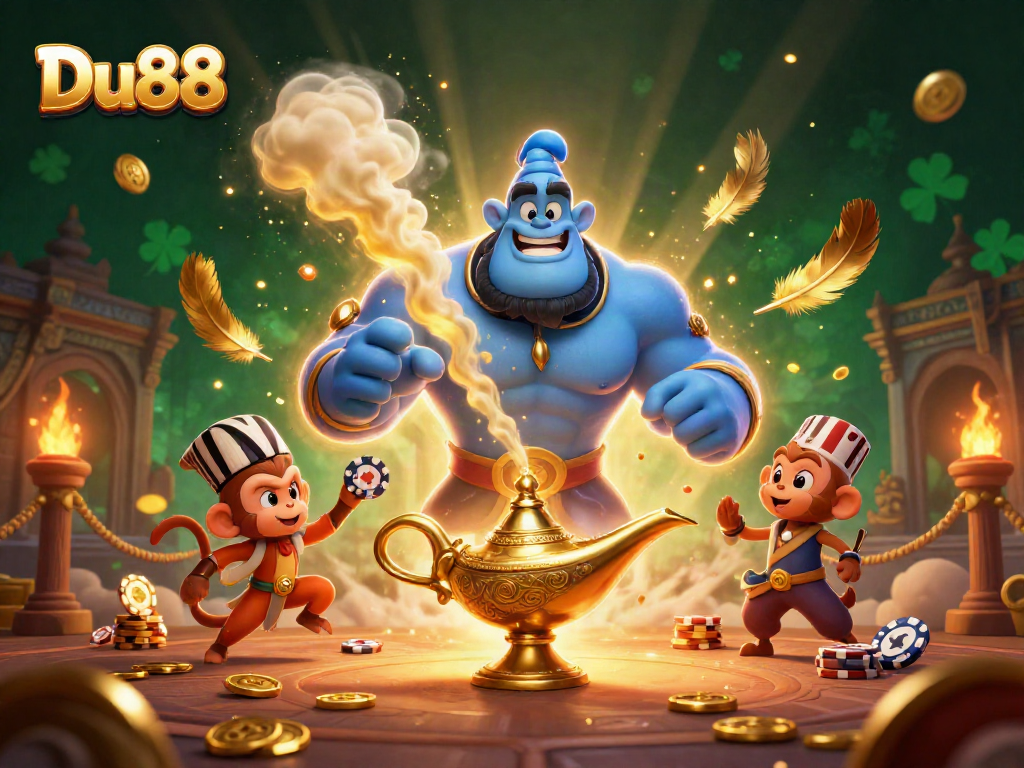 Experience the magic of Du88 with a powerful genie, Aladdin-style monkey, and poker chips on a flying carpet.