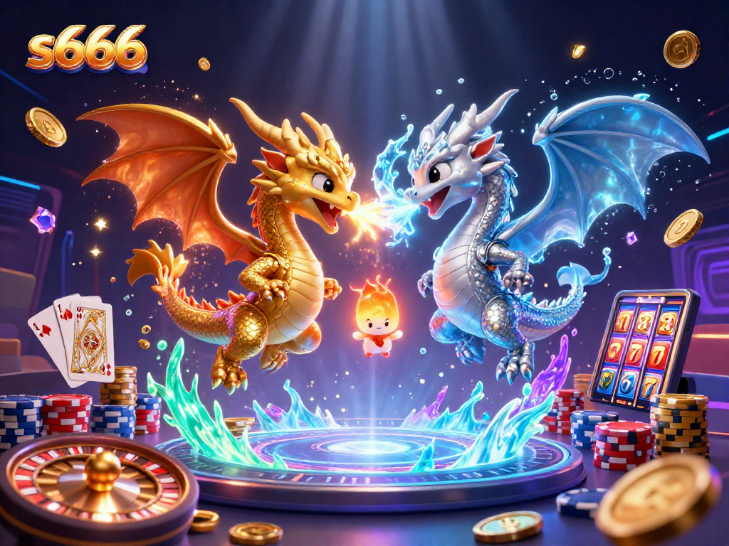 Experience thrilling gaming adventures at s666, featuring intertwined dragons amidst dazzling casino elements.