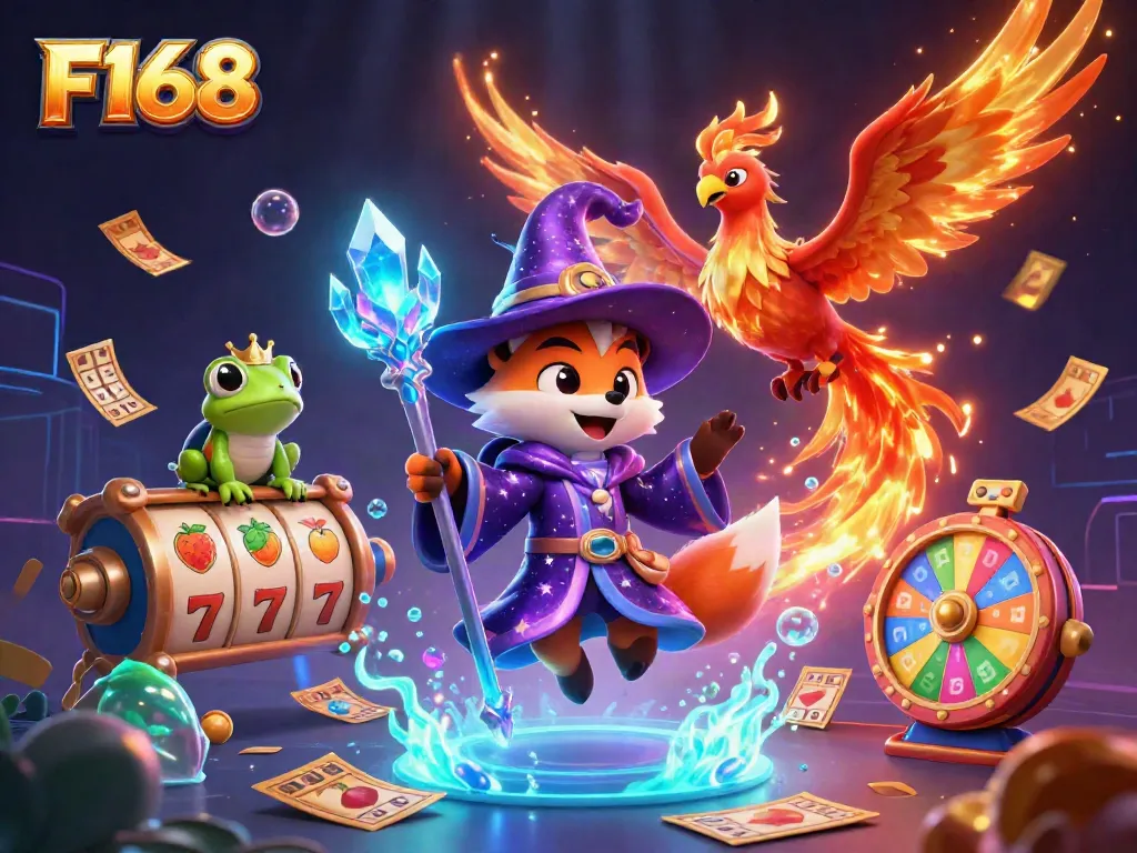 Experience thrilling slot adventures with F168 as a mystical wizard fox and phoenix soar through a vibrant casino scene.