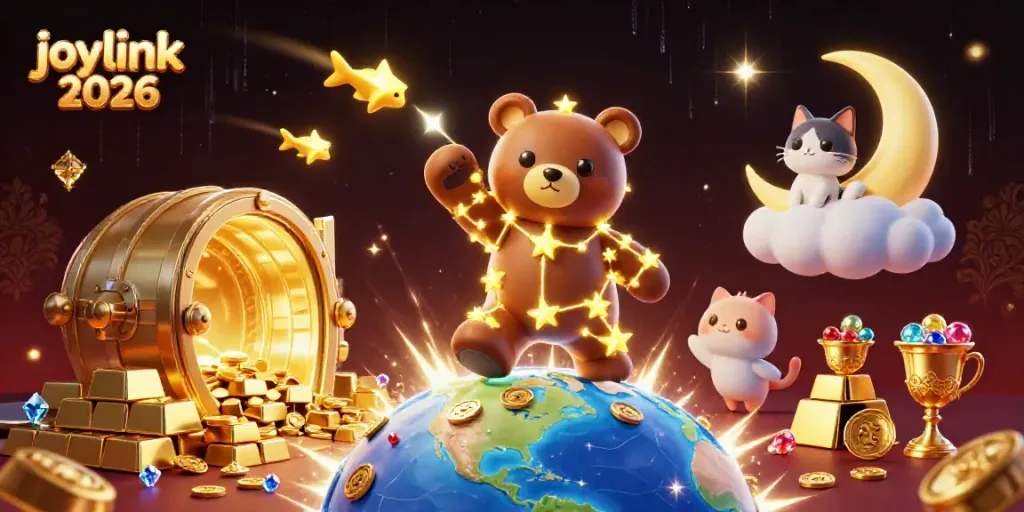 Engage with joylink 2026, as a constellation bear collects coins amidst a vibrant casino atmosphere.