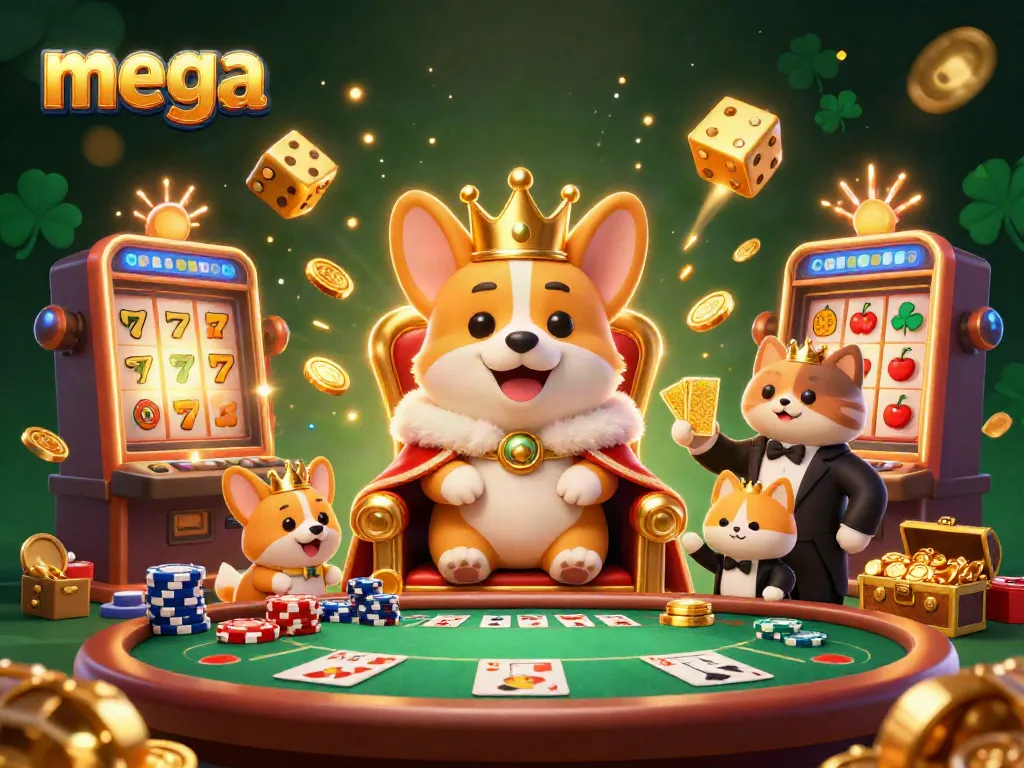 Experience mega casino fun with a royal corgi in a vibrant jackpot scene, showcasing excitement and winning.