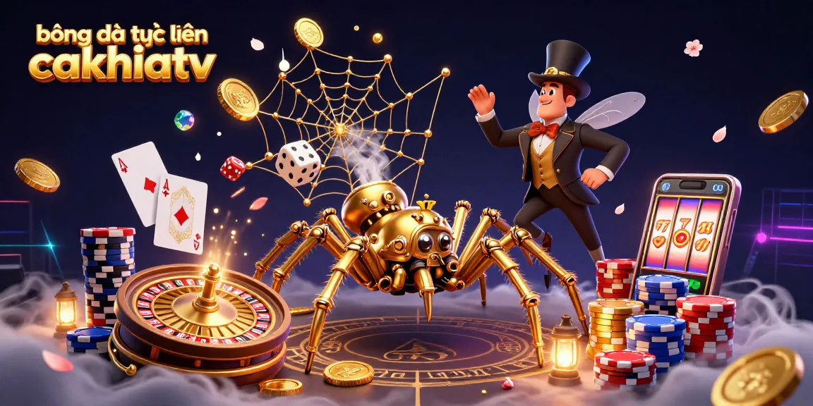 bóng đá trực tuyến cakhiatv showcases vibrant casino elements, featuring a steampunk spider weaving golden chains and poker chips.