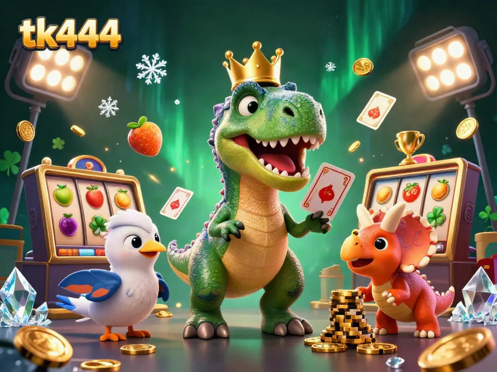 Engage in winning strategies with tk444 – a vibrant 3D casino scene featuring T-Rex and friends.