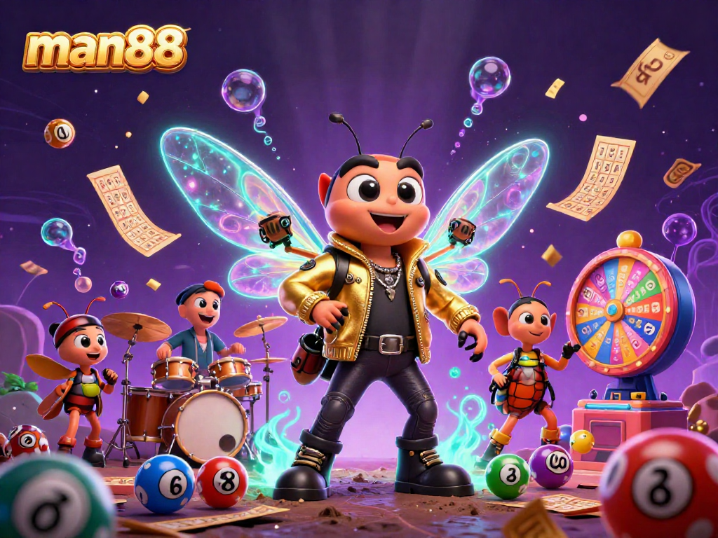 Engage in thrilling games at man88 with dynamic scenes of vibrant lottery balls and a lively rock star.