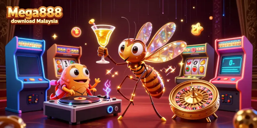 Experience exciting gameplay with Mega888 download Malaysia showcasing vibrant casino elements and dynamic characters.