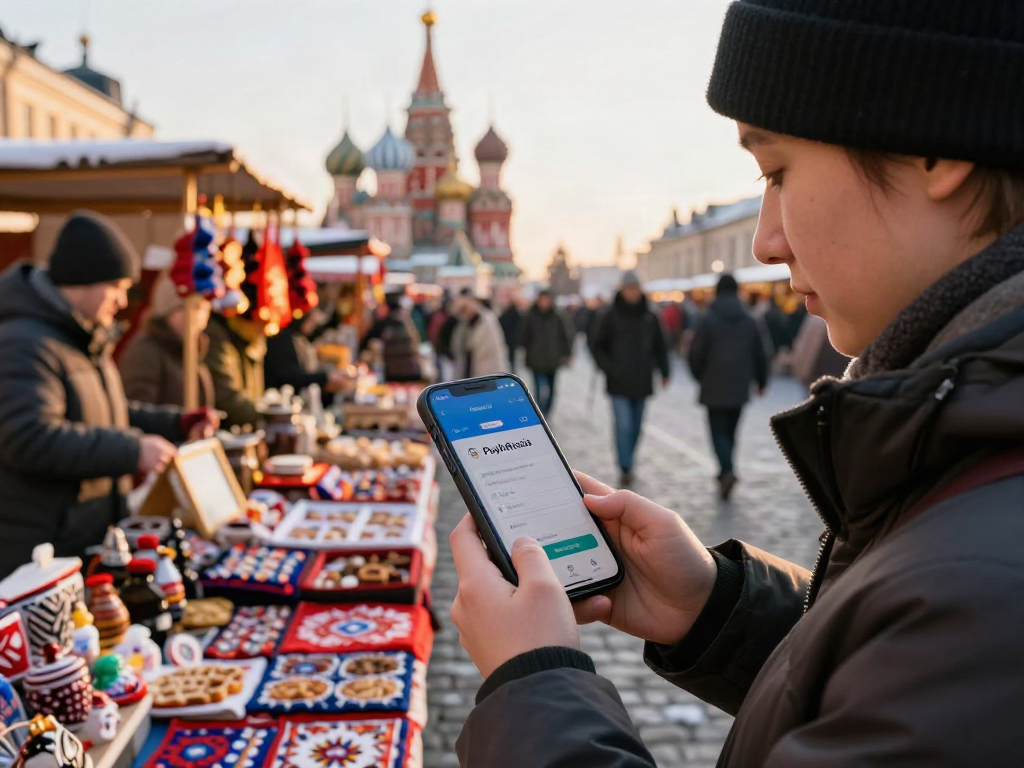 Pengembara menggunakan aplikasi https://payinrussia.com/ di pasar Moscow, dikelilingi barang tempatan dan suasana meriah.