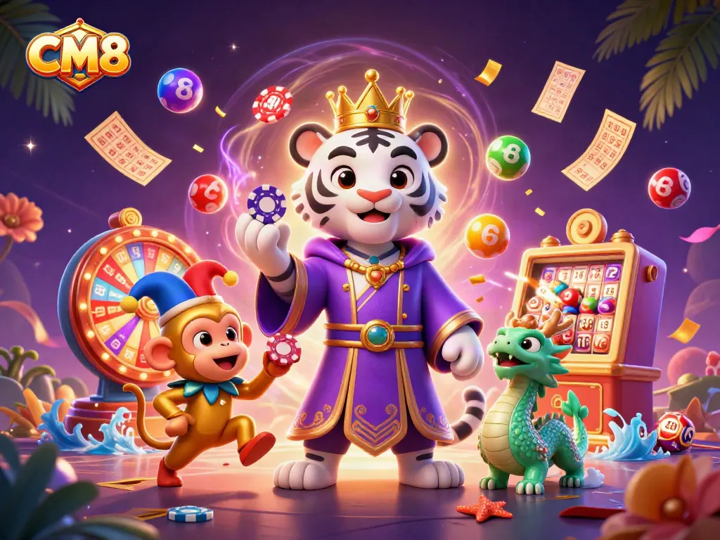 Experience CM8 with lively characters in a vibrant casino scene featuring exciting gaming elements.