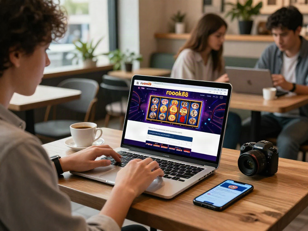 Accessing rokok88 login at a trendy coffee shop with vibrant gambling graphics on screen.