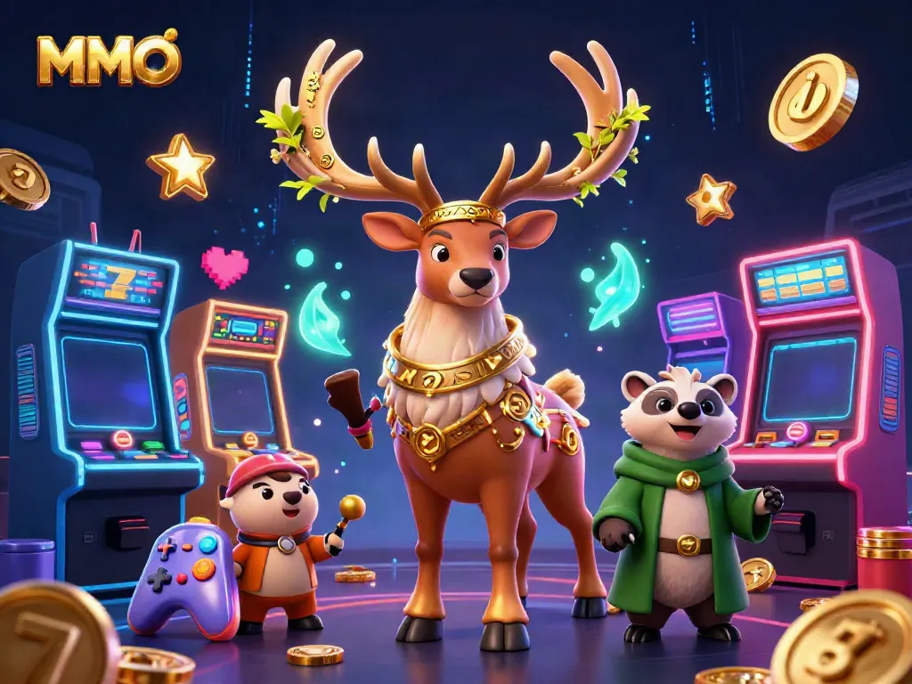 Engage in the vibrant casino atmosphere with MMOO as a 3D Celtic stag and badger relish in gaming excitement.