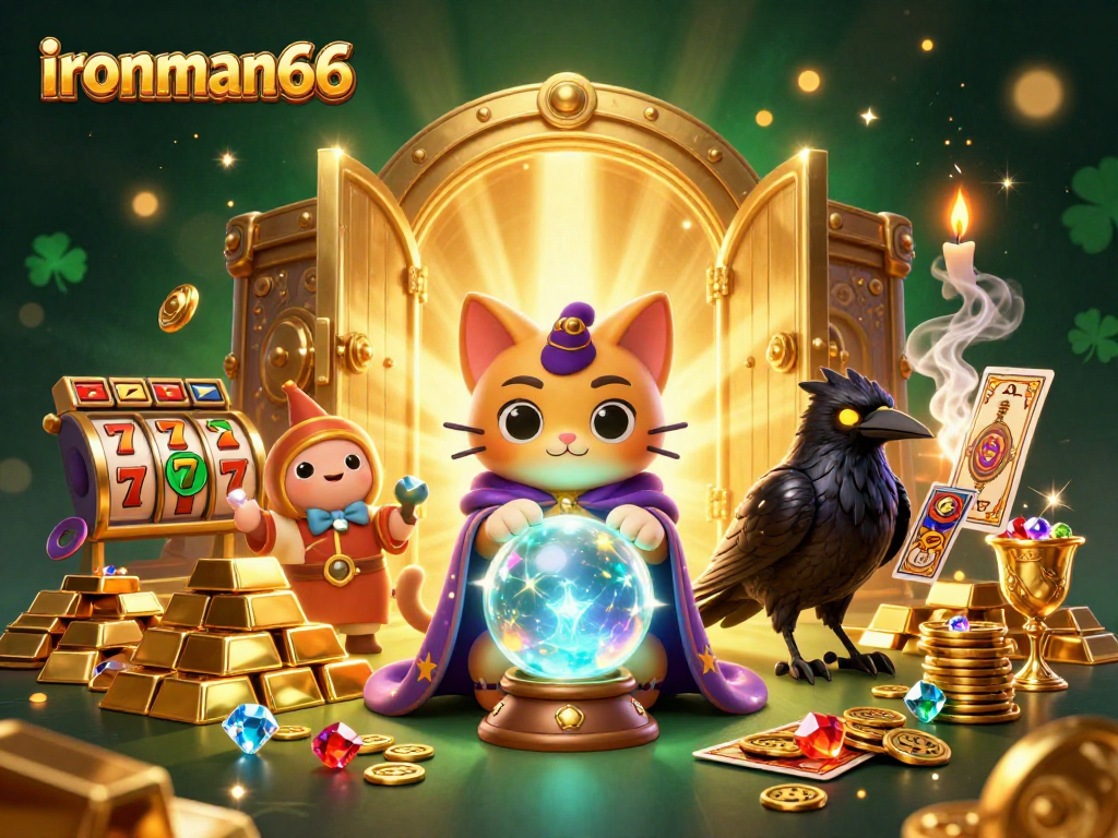 Engage in thrilling gameplay at ironman66 with a vibrant 3D casino scene showcasing mystical characters and slot machine elements.