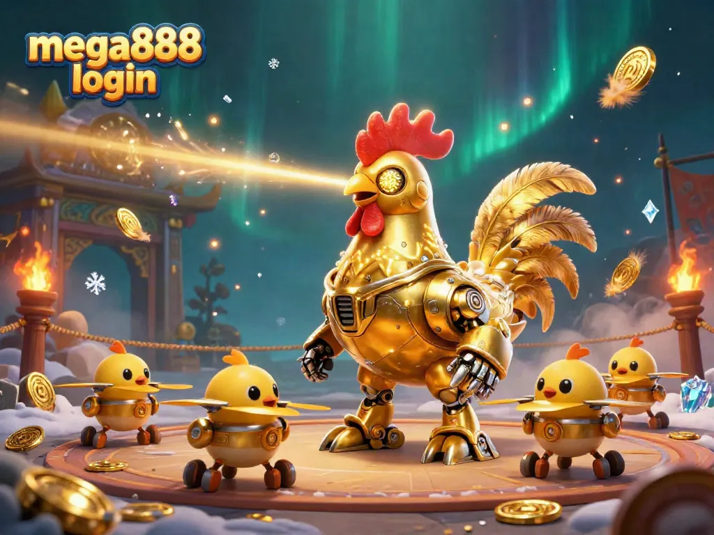 Engage with mega888 login through an exciting, dynamic casino illustration featuring a golden rooster robot and drones.