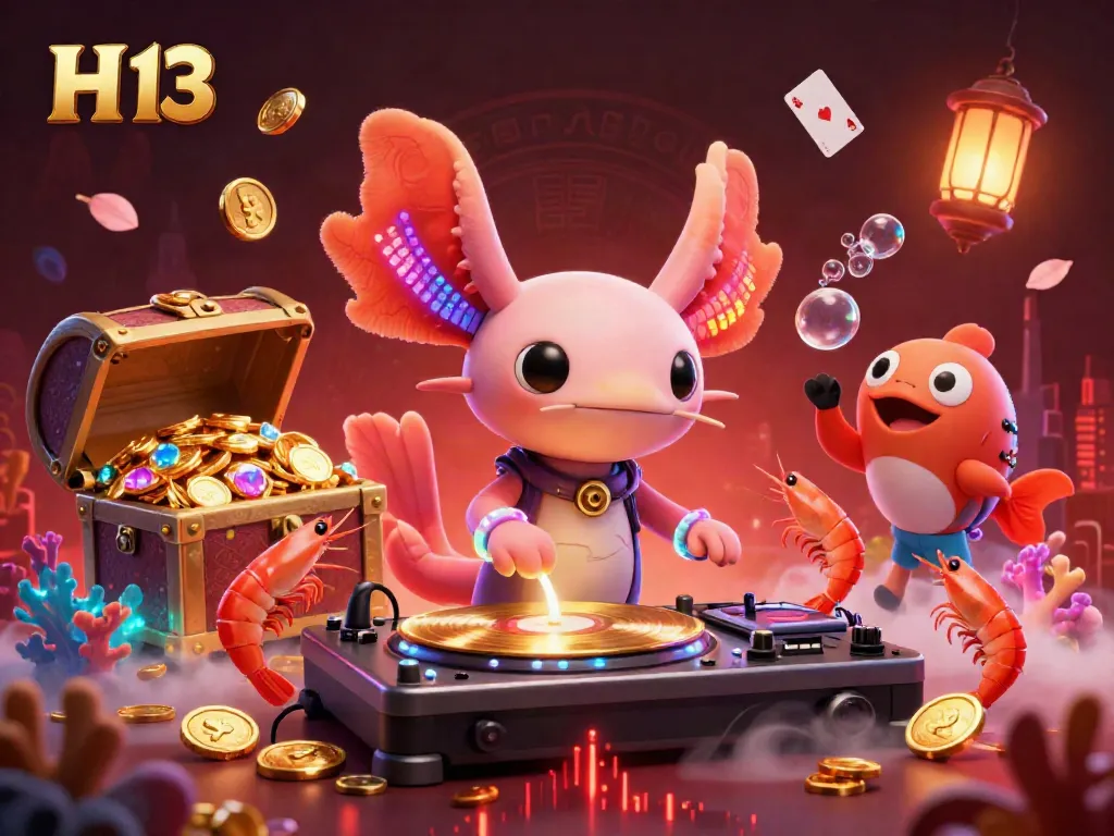 Experience high-energy excitement with H 13 as the vibrant axolotl DJ spins tracks among glowing underwater treasures and dancing shrimp.
