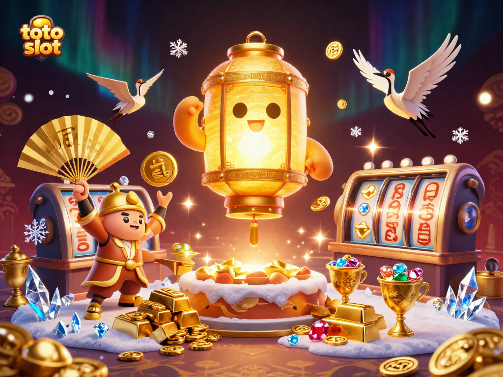 Engage with the thrilling toto slot experience in a vibrant 3D casino scene featuring golden lanterns and lucky symbols.