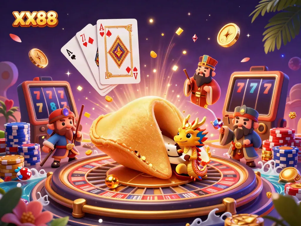 Experience thrilling gameplay at XX88 with a vibrant scene of a golden fortune cookie and dynamic gambling elements.