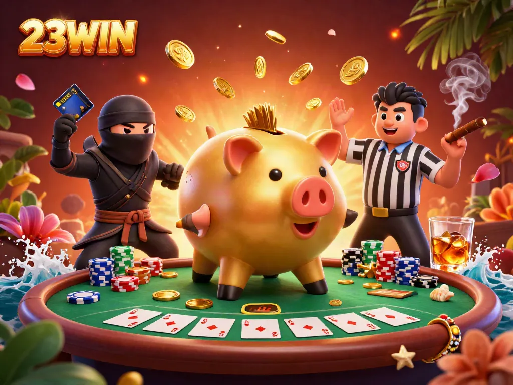 Experience thrilling gameplay with 23WIN at this vibrant casino scene featuring unique characters and poker elements.