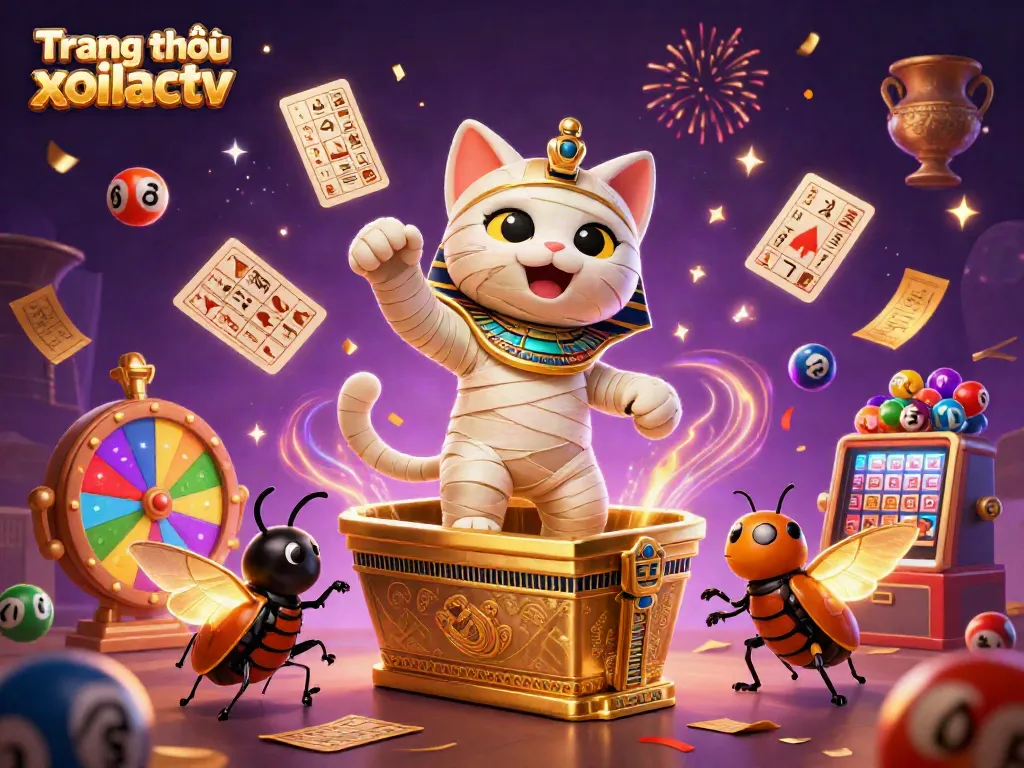 Enjoy thrilling gaming at Trang chủ xoilactv with a vibrant 3D illustration of an Egyptian mummy cat emerging from a sarcophagus in a dazzling casino.