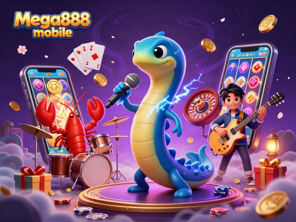 Experience mega888 mobile's electrifying atmosphere with a vibrant DJ eel and underwater casino scene.