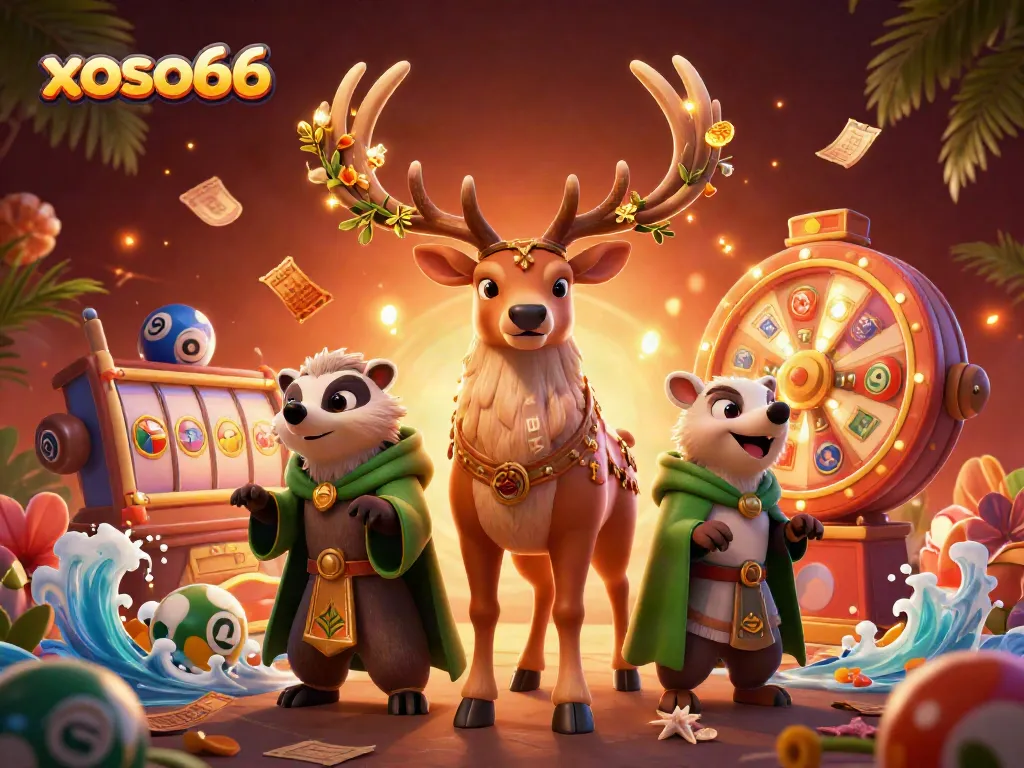 Xoso66 illuminates with a vibrant 3D illustration of a mystical druid stag amid lottery elements, evoking excitement and chance.