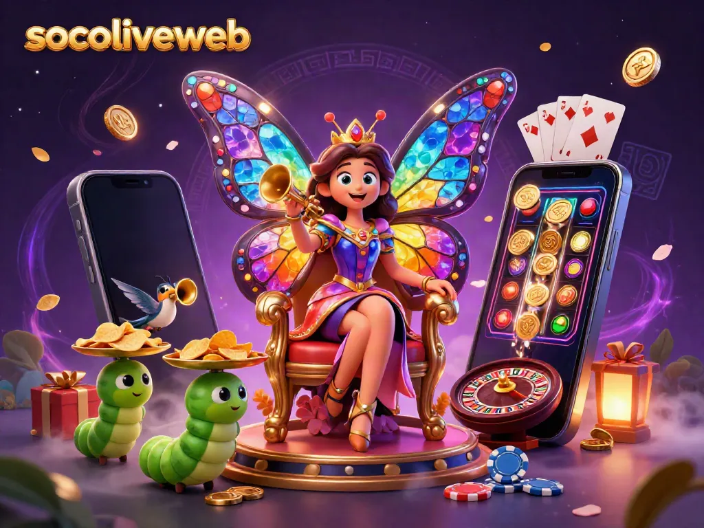 Experience the vibrant world of socoliveweb with a dynamic scene featuring a butterfly queen and casino elements.