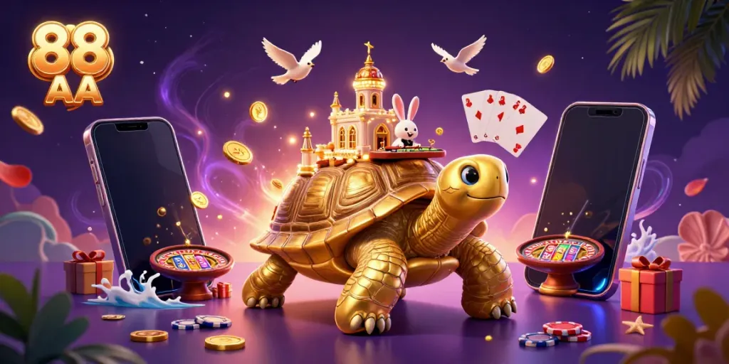 Experience the vibrant 88 AA casino scene with a golden tortoise and lively gameplay elements.